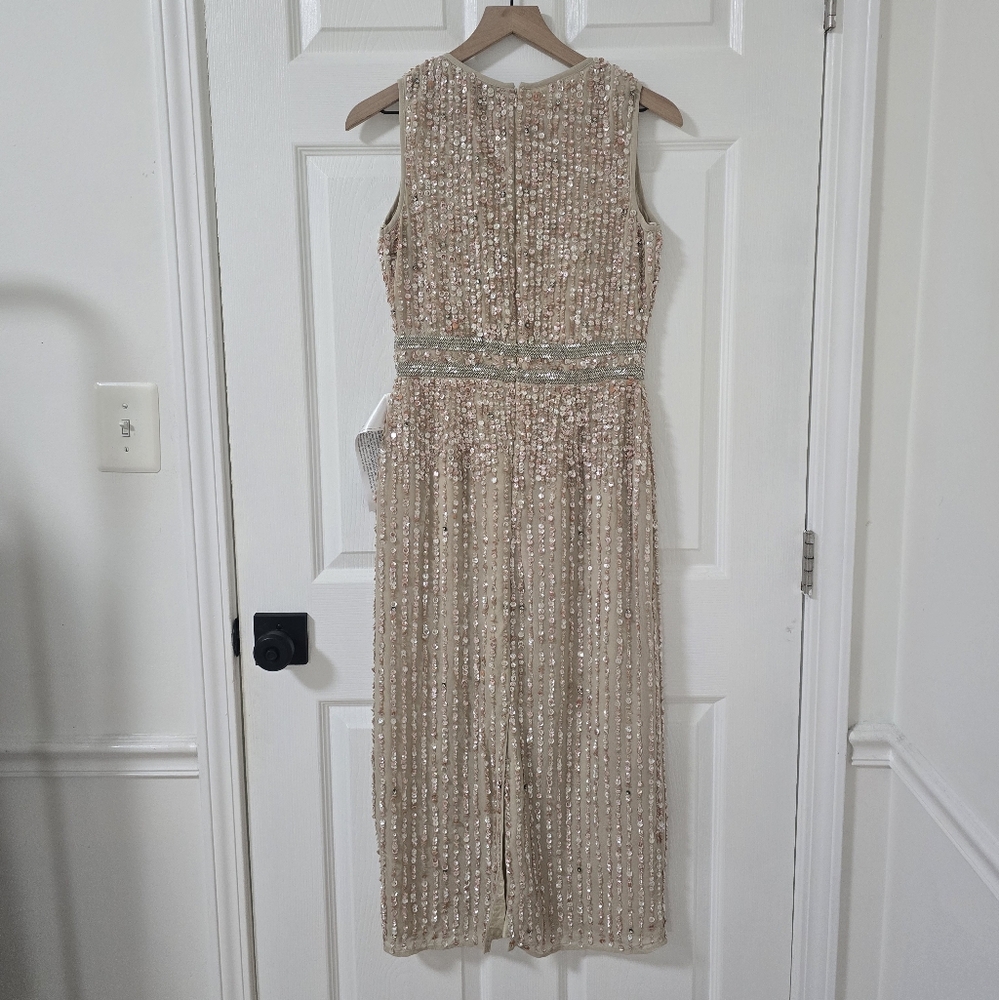 Mac Duggal Gold/pink Sequin High Neck Beaded Midi Sheath Dress New Size 4 - Picture 12 of 13